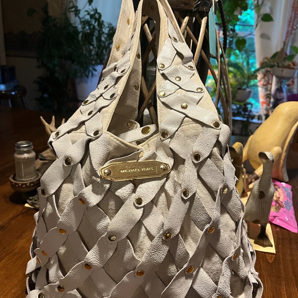 Michael Kors Cream Woven Leather Hobo with Gold-Tone Studs